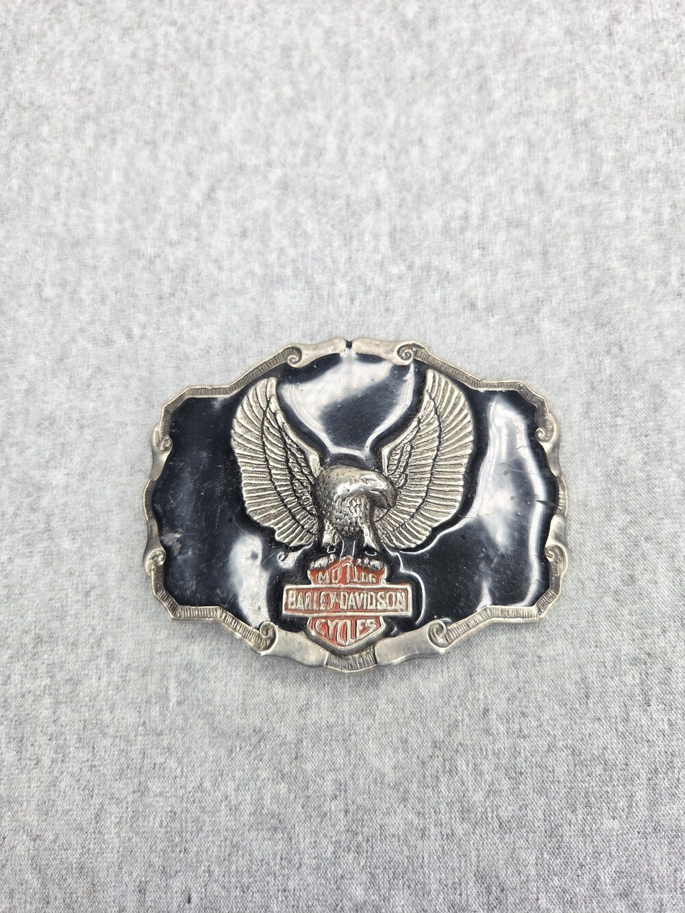 Vintage Harley Davidson Eagle Belt Buckle Black Enamel Bar and Shield Heavy
